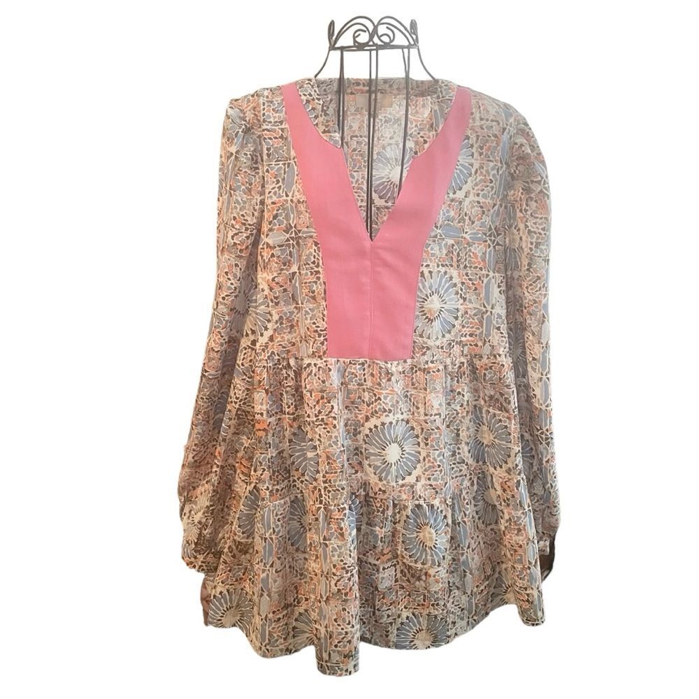 Ott Boutique Pink Blue Geo Print Long Sleeve Loose Fit Tunic Top Blouse Medium